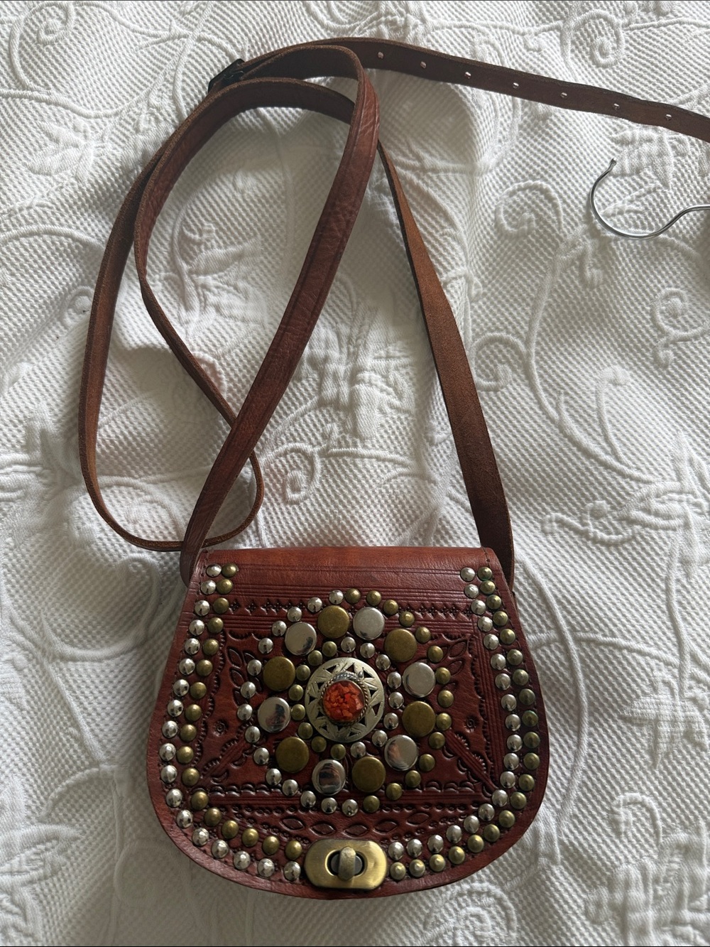 Brown Leather Crossbody Bag with Stud Accents - Picture 5 of 8
